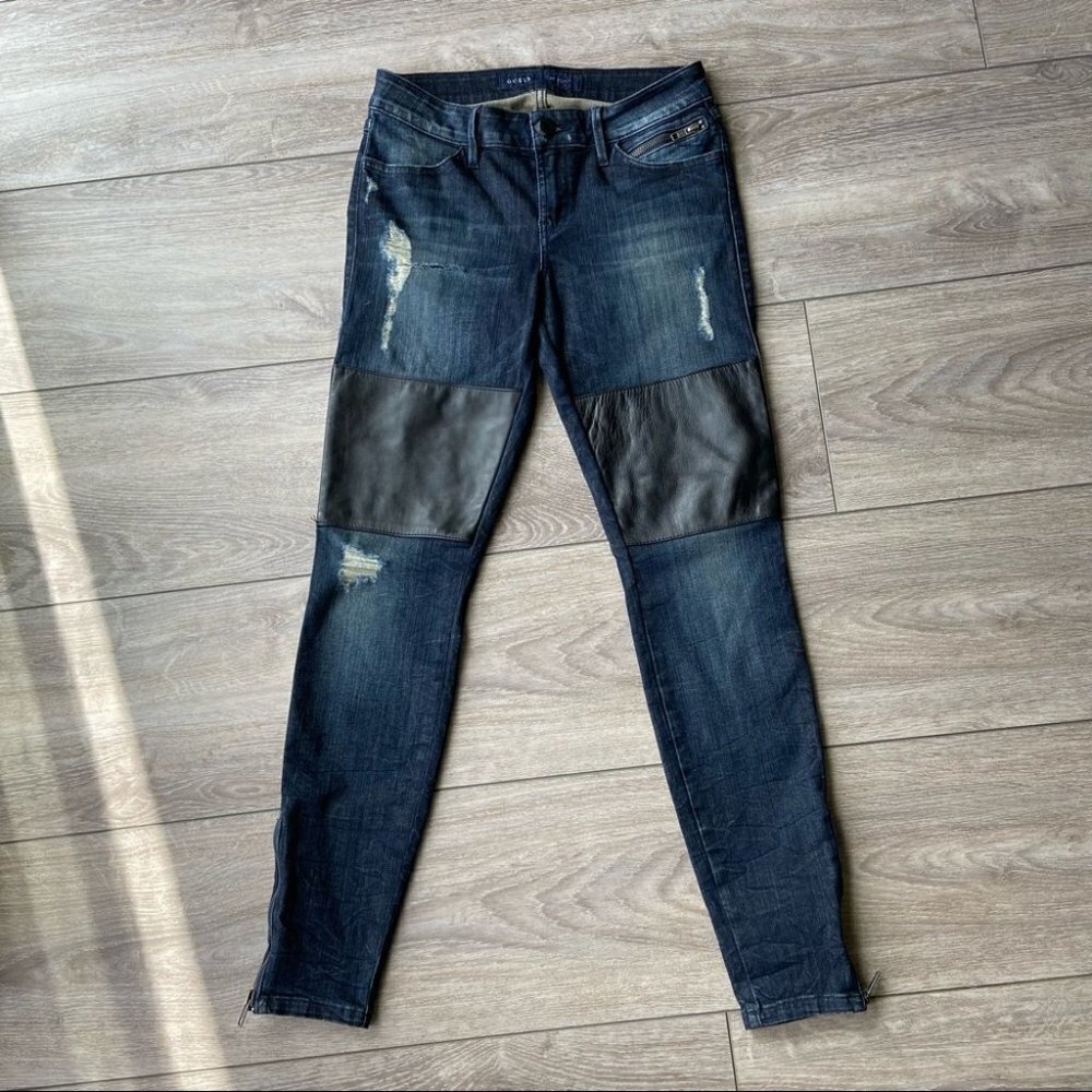 Guess Faux Leather Patch Distressed Skinny Moto Jeans